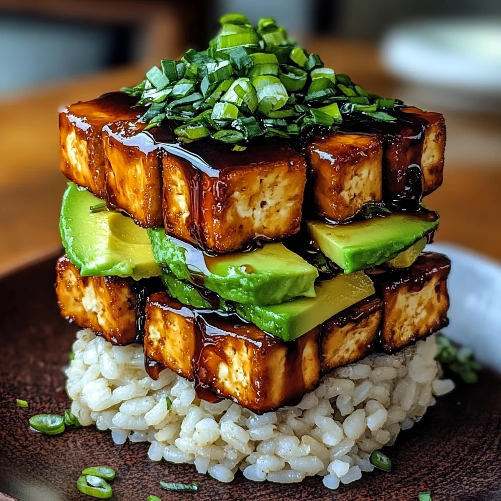 Crispy Teriyaki Tofu and Avocado Rice Stack