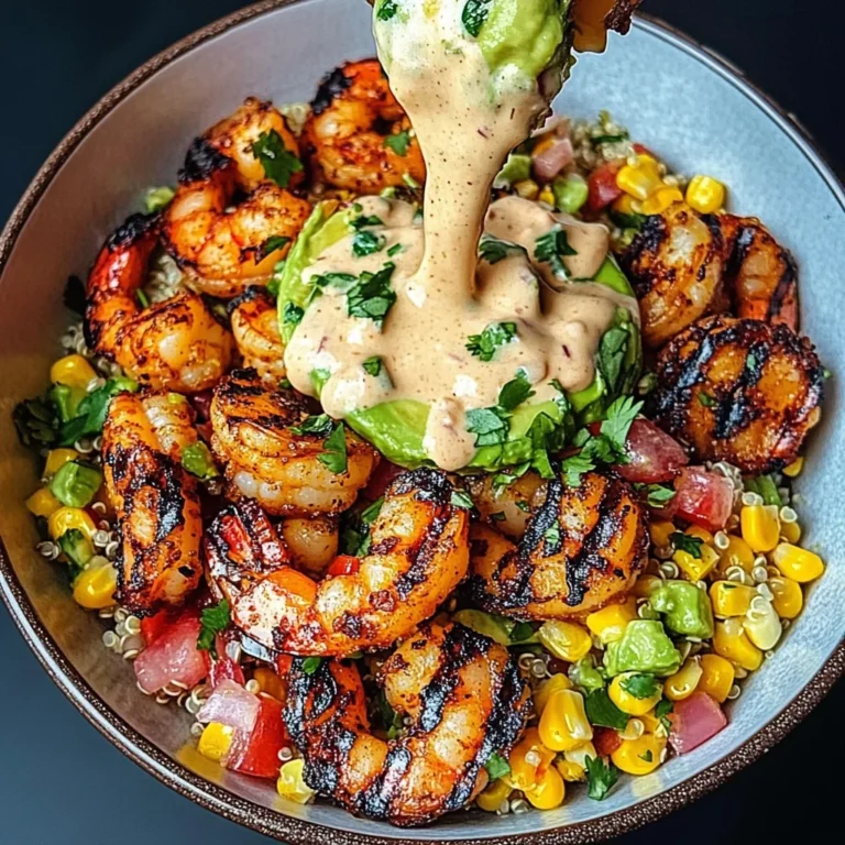 Grilled Shrimp Bowl with Avocado, Corn Salsa & Creamy Sauce