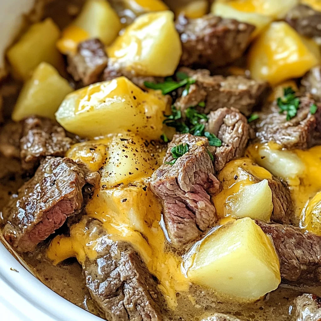 Slow Cooker Steak and Cheddar Potato Casserole