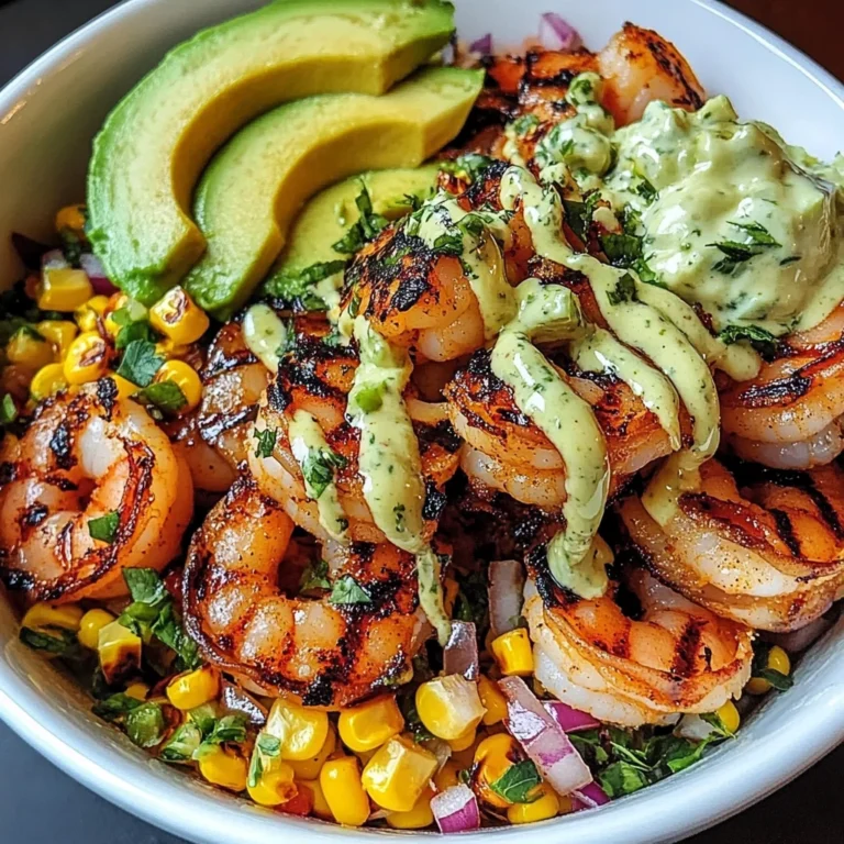 Grilled Shrimp Bowl with Avocado, Corn Salsa & Creamy Garlic Sauce